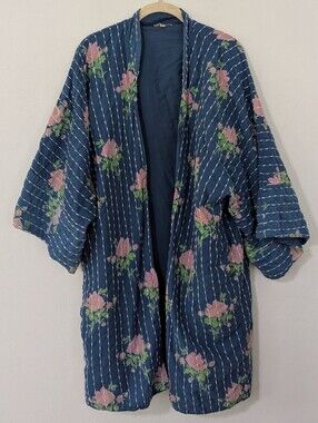 Earthbound Trading Co Floral Print Kimono Embroidered Longline Open Blue XS/S